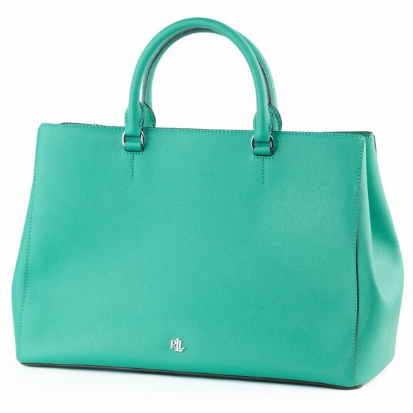 NWOT Lauren Ralph Lauren Large Hanna Satchel Crosshatch Leather Emerald Green - Picture 4 of 11